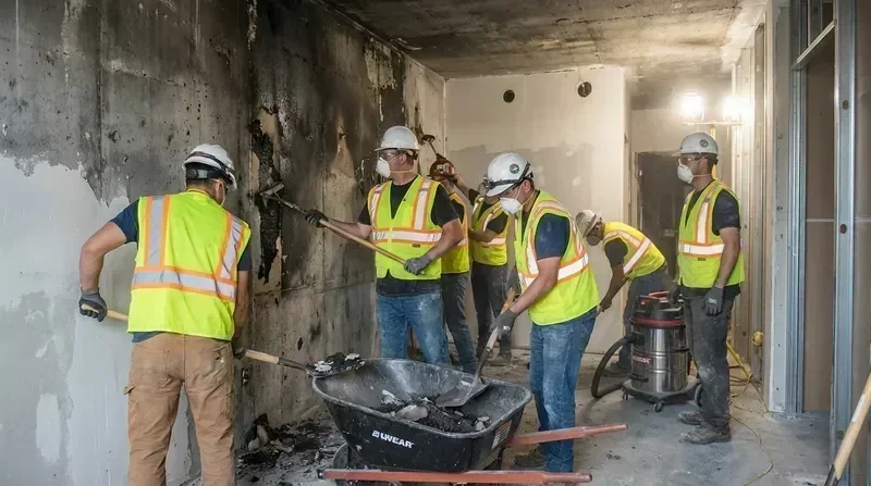 Workers in safety gear clean a fire-damaged room, scraping walls and shoveling debris for restoration.