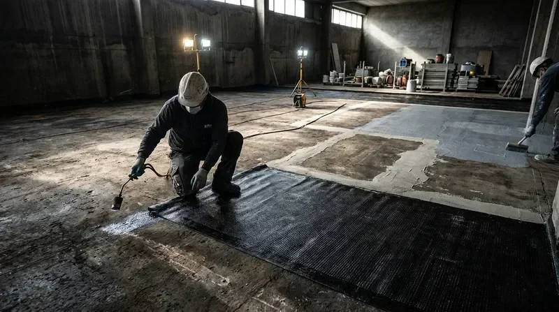 איטום ושיקום לאחר שריפה — עבודת איטום מקצועית על משטח בטון פגוע