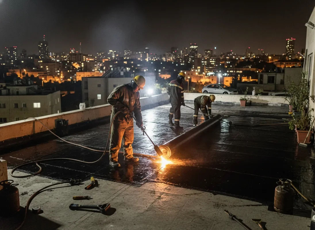 עבודות איטום מקצועיות על גג בניין מגורים פעיל