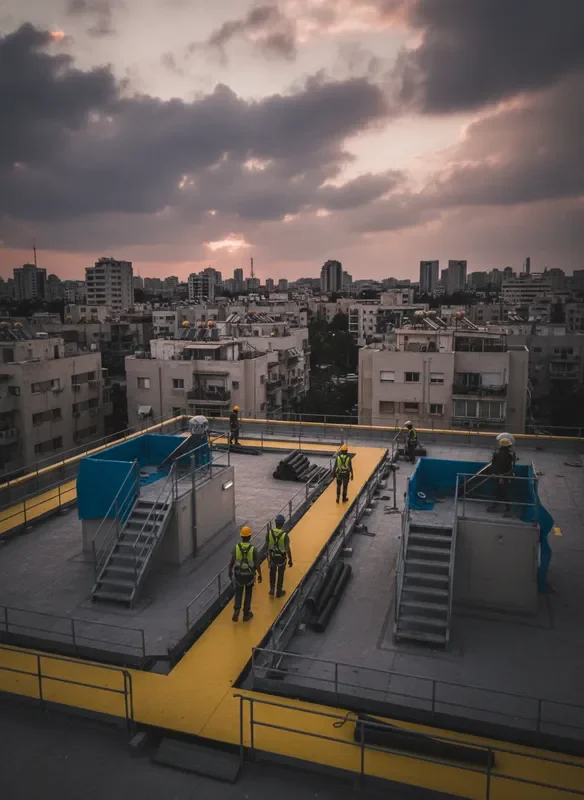 עבודת איטום גגות בבניין מאוכלס עם שבילי הגנה מסומנים